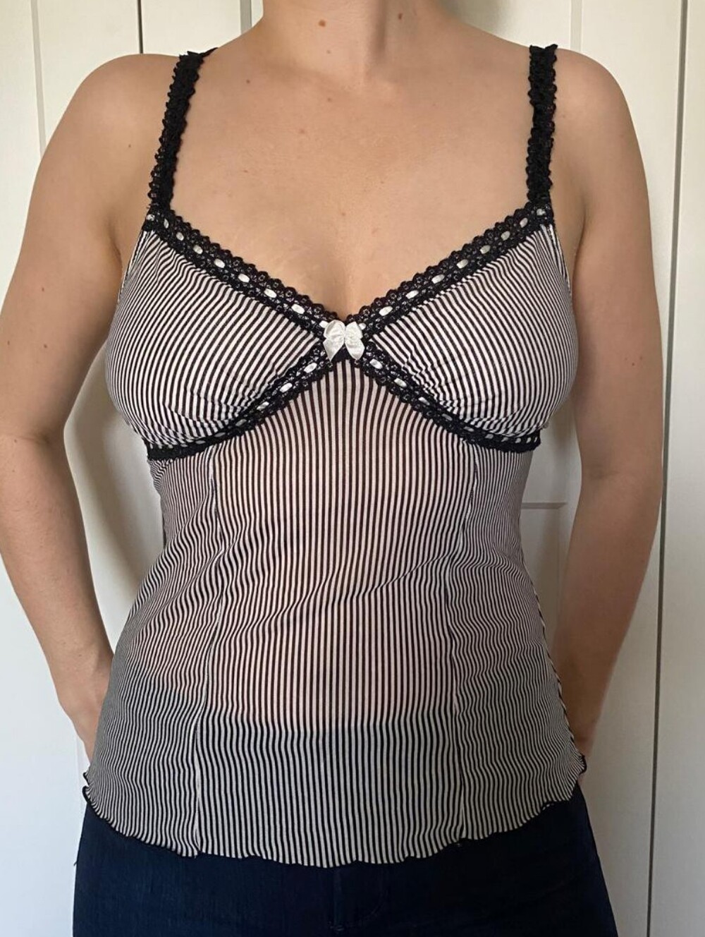 Nylon Mesh La Vie En Rose Black and White Striped Cami with Lace Trim